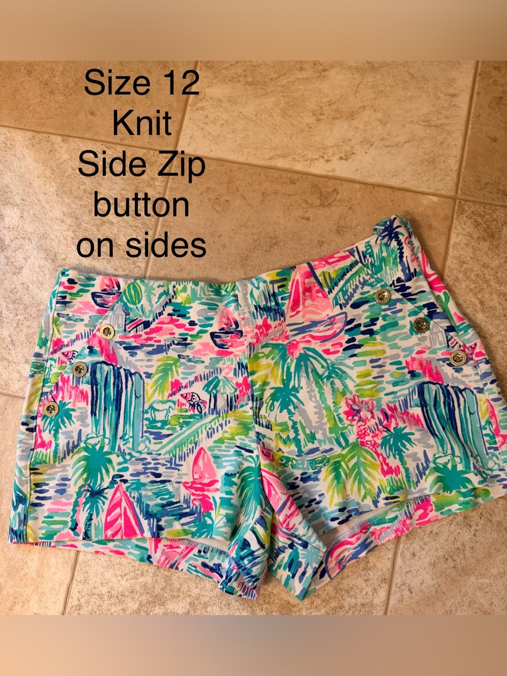 Lilly Pulitzer Tropical Print Knit Women’s Shorts  Pink & Green Side Zip